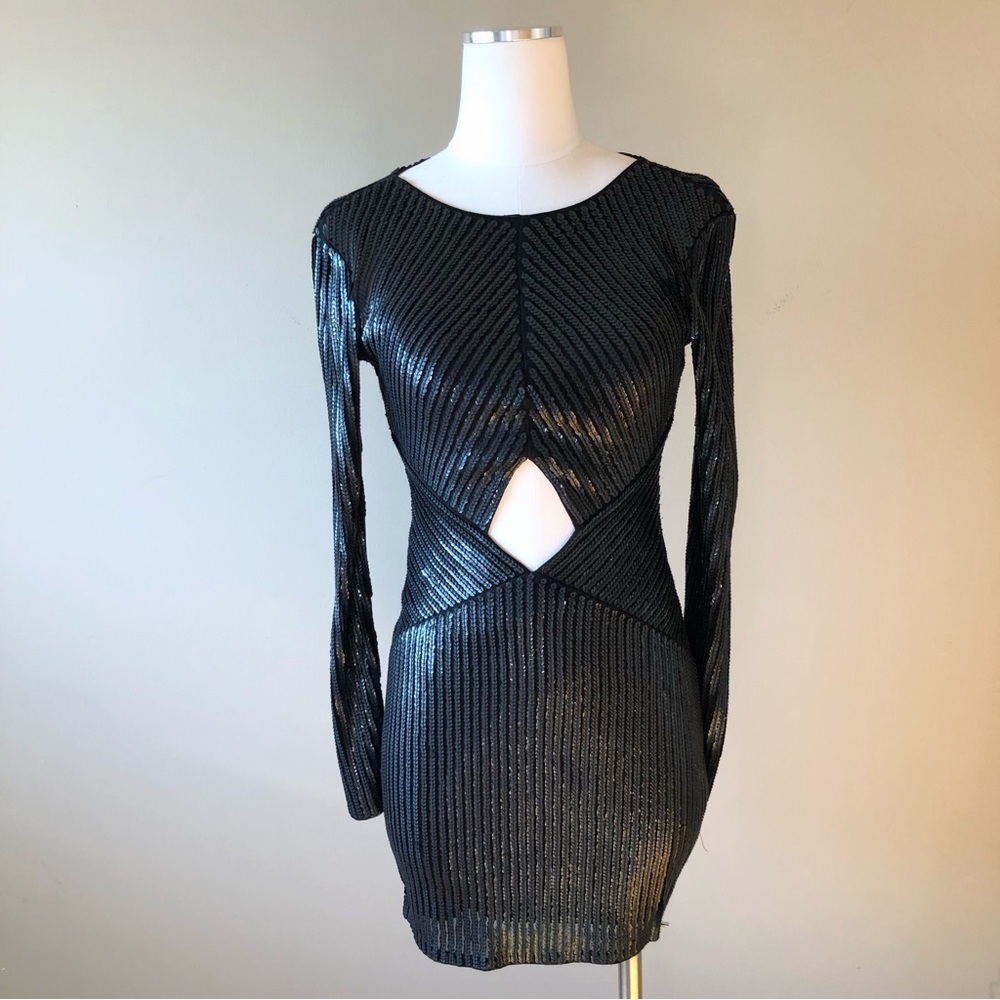 Express Black Sequins Cutout Long Sleeve Sexy Mini Dress XS